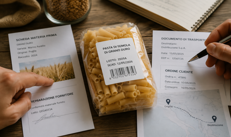 An example of traceability and tracking within the food supply chain via batch numbers, the origin of raw materials and transport documents.