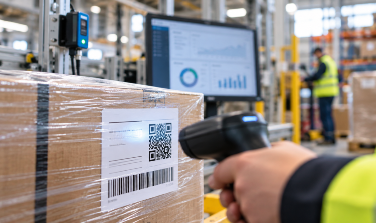 An operator scans the QR code and barcode of a parcel in the warehouse, with sensors and digital dashboards for traceability in the background.
