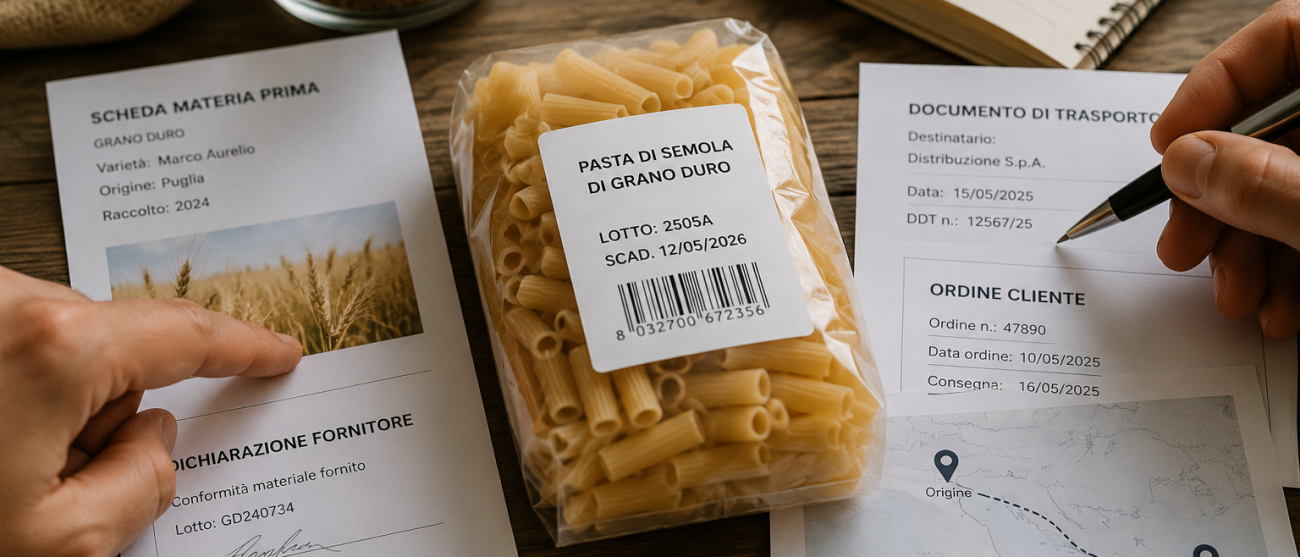 An example of traceability and tracking within the food supply chain via batch numbers, the origin of raw materials and transport documents.