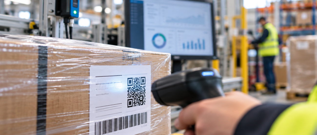 An operator scans the QR code and barcode of a parcel in the warehouse, with sensors and digital dashboards for traceability in the background.
